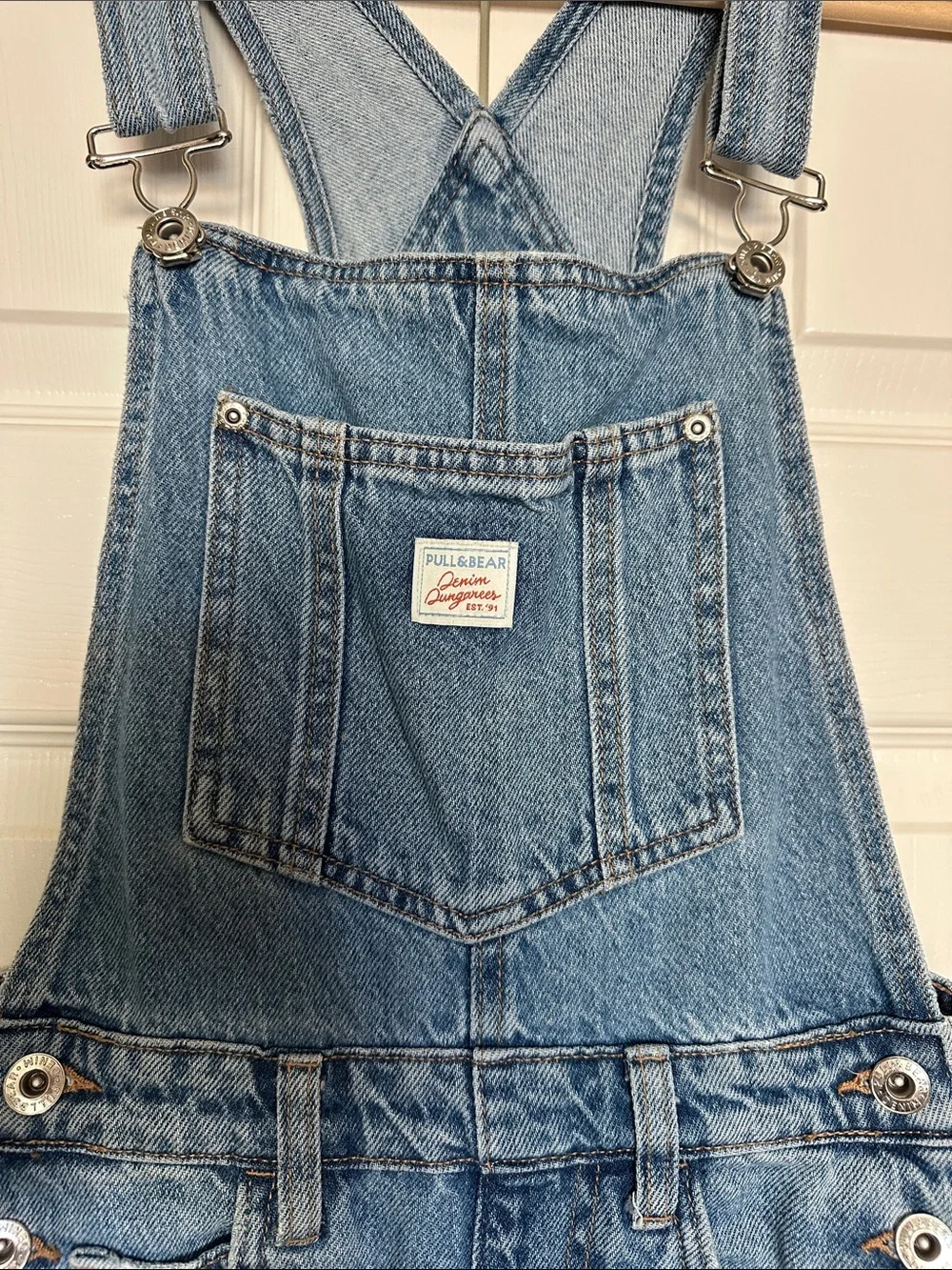 Pull&Bear Classic Denim Bib Overalls “Dungarees”- Medium Wash, Size Small, EUC - Picture 5 of 11